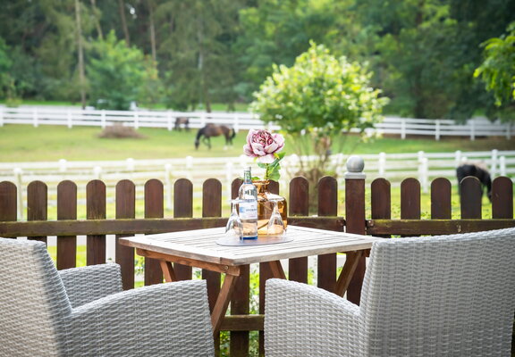 Hotel Gut Vorbeck Sitzplatz mit Ausblick auf die Pferdekoppel